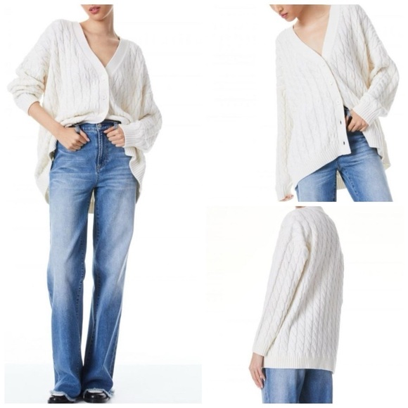 Alice + Olivia Sweaters - Alice + Olivia Bradford Cable Knit Grandpa Cardigan Ecru